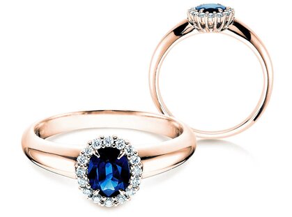 Farbsteinring Windsor in 14K Roségold mit Saphir 0,60ct und Diamanten 0,12ct