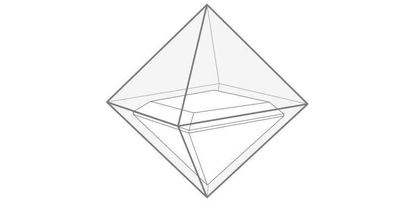 Aus 1 Rohdiamanten werden 2 Princess-Cut-Diamanten