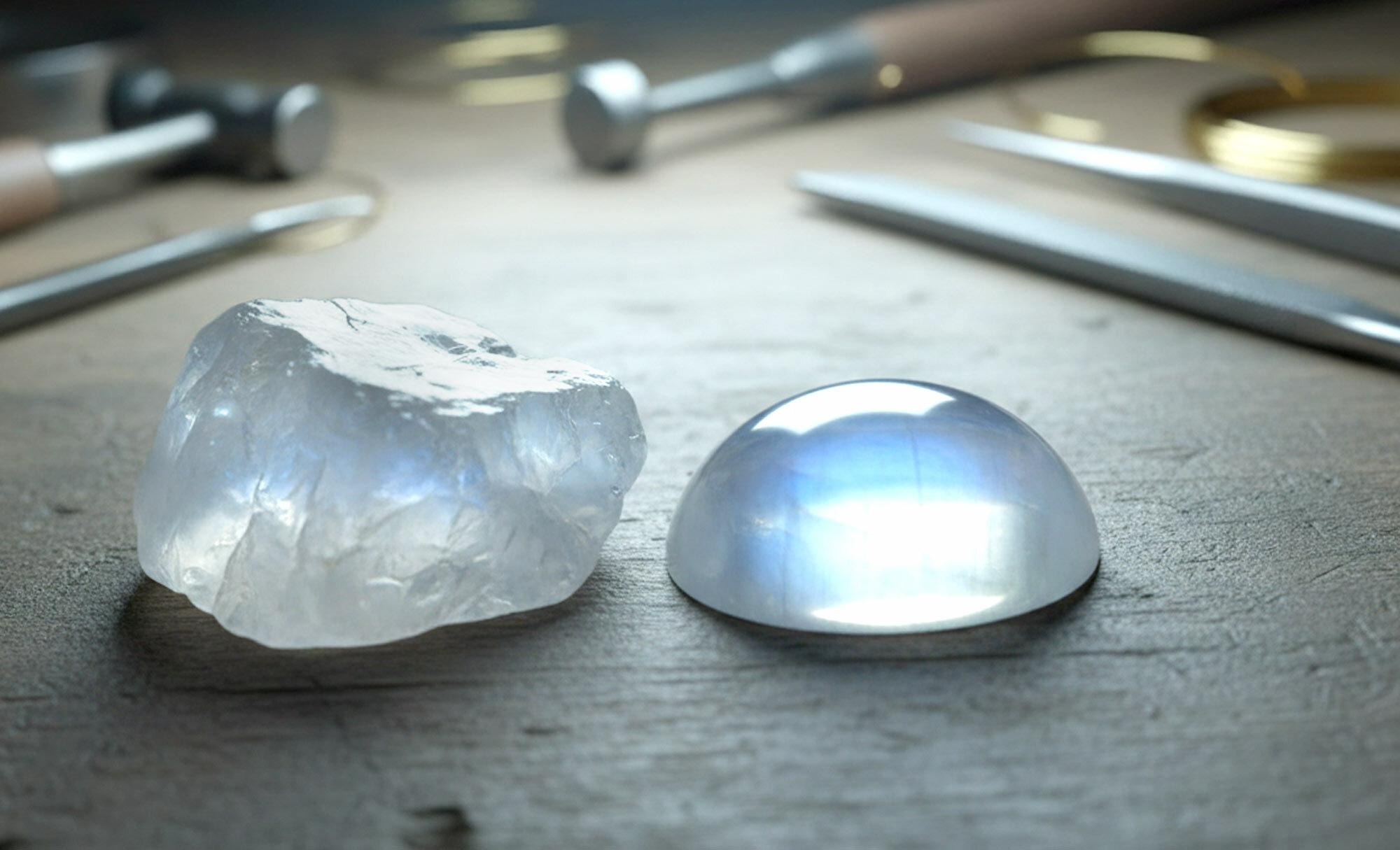 Unbearbeitete und bearbeitete Monsteine im Vergleich