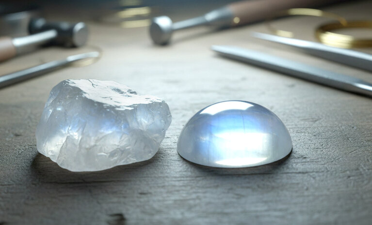 Mondstein unbearbeitet und bearbeitet im Vergleich