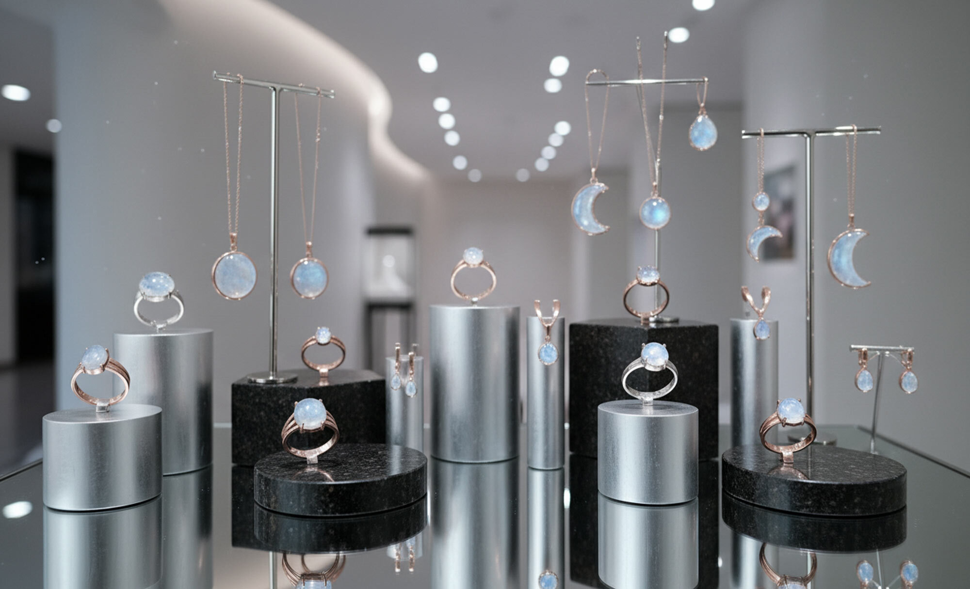 Mondsteine in Schmuckstücken aus Roségold und Weißgold