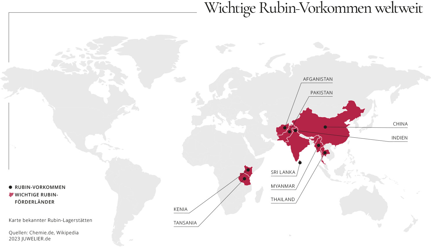 Wichtige Rubin-Lagerstätten weltweit, Stand: 2023 Wichtige Rubin-Lagerstätten weltweit, Stand: 2023