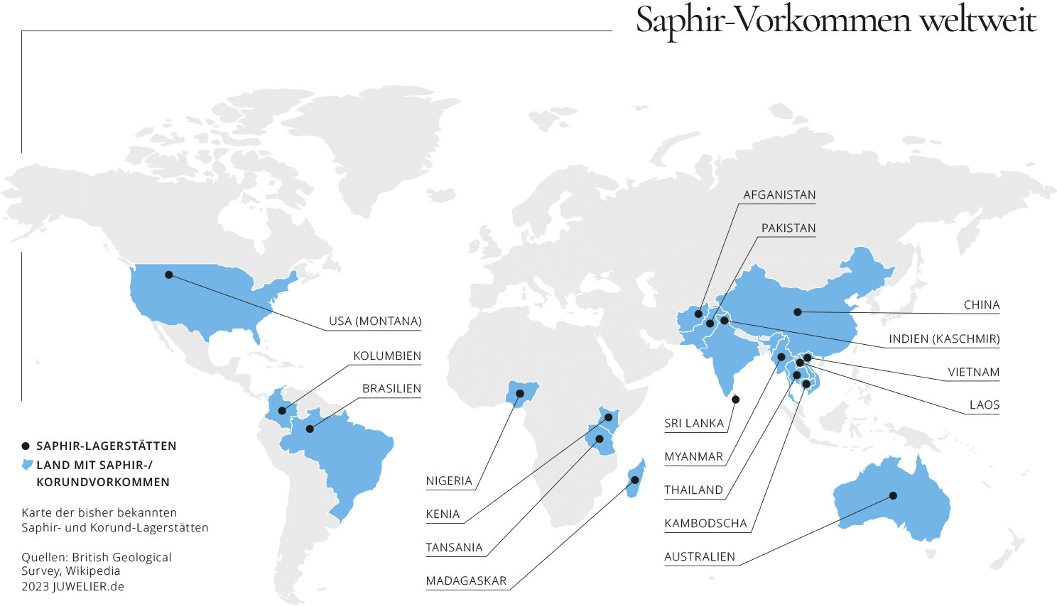 Saphir-Vorkommen weltweit, Stand: 2023