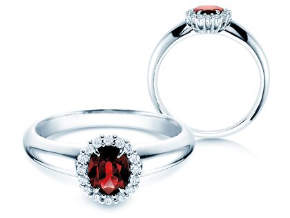 Farbsteinring Windsor in 14K Weißgold mit Rubin 0,60ct und Diamanten 0,12ct