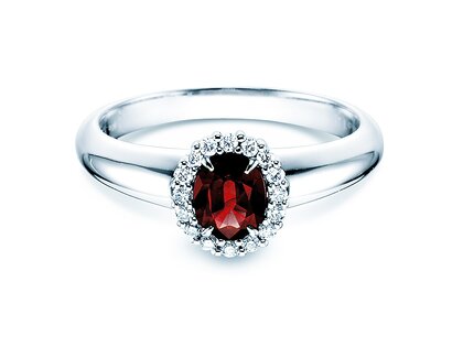 Farbsteinring Windsor in 14K Weißgold mit Rubin 0,60ct und Diamanten 0,12ct