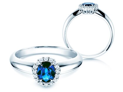 Farbsteinring Windsor in 9K Weißgold mit Saphir 0,60ct und Diamanten 0,12ct