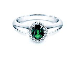 Farbsteinring Windsor in 9K Weißgold mit Smaragd 0,60ct und Diamanten 0,12ct