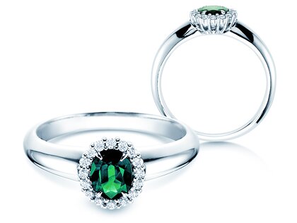 Farbsteinring Windsor in 9K Weißgold mit Smaragd 0,60ct und Diamanten 0,12ct