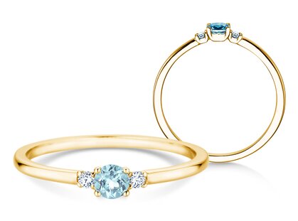 Geburtsstein-Ring Vivid Petite März in 9K Gelbgold mit Aquamarin 0,15ct und Diamanten 0,04ct