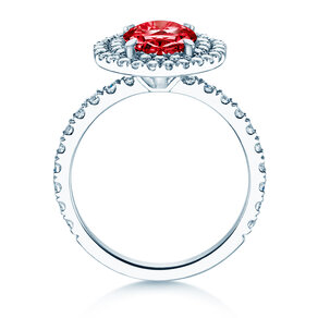Farbsteinring Double Halo in 9K Weißgold mit Rubin 0,60ct und Diamanten 0,35ct