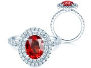 Farbsteinring Double Halo in 9K Weißgold mit Rubin 0,60ct und Diamanten 0,35ct