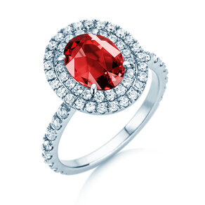 Farbsteinring Double Halo in 9K Weißgold mit Rubin 0,60ct und Diamanten 0,35ct