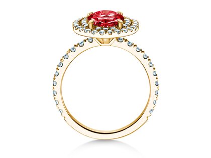 Farbsteinring Double Halo in 9K Gelbgold mit Rubin 0,60ct und Diamanten 0,35ct