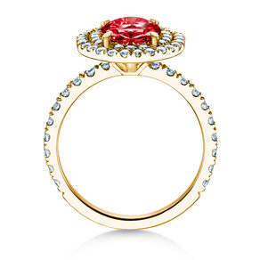 Farbsteinring Double Halo in 9K Gelbgold mit Rubin 0,60ct und Diamanten 0,35ct