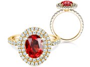 Farbsteinring Double Halo in 9K Gelbgold mit Rubin 0,60ct und Diamanten 0,35ct