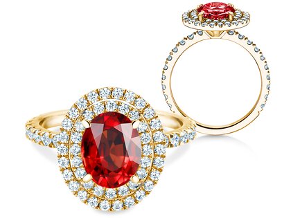 Farbsteinring Double Halo in 9K Gelbgold mit Rubin 0,60ct und Diamanten 0,35ct