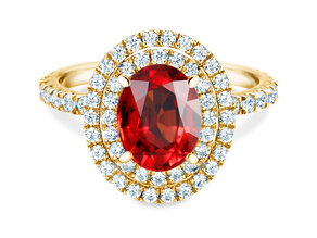 Farbsteinring Double Halo in 9K Gelbgold mit Rubin 0,60ct und Diamanten 0,35ct