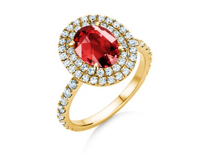 Farbsteinring Double Halo in 9K Gelbgold mit Rubin 0,60ct und Diamanten 0,35ct