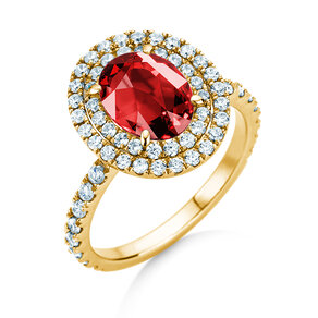 Farbsteinring Double Halo in 9K Gelbgold mit Rubin 0,60ct und Diamanten 0,35ct