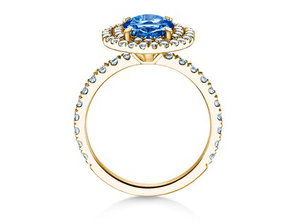 Farbsteinring Double Halo in 9K Gelbgold mit Saphir 0,60ct und Diamanten 0,35ct