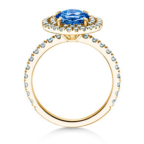 Farbsteinring Double Halo in 9K Gelbgold mit Saphir 0,60ct und Diamanten 0,35ct