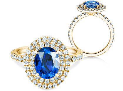 Farbsteinring Double Halo in 9K Gelbgold mit Saphir 0,60ct und Diamanten 0,35ct
