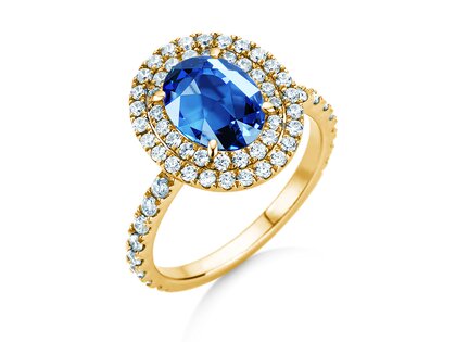Farbsteinring Double Halo in 9K Gelbgold mit Saphir 0,60ct und Diamanten 0,35ct