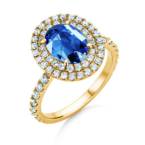Farbsteinring Double Halo in 9K Gelbgold mit Saphir 0,60ct und Diamanten 0,35ct