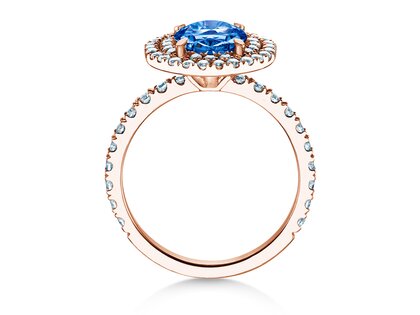 Farbsteinring Double Halo in 9K Roségold mit Saphir 0,60ct und Diamanten 0,35ct