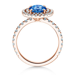 Farbsteinring Double Halo in 9K Roségold mit Saphir 0,60ct und Diamanten 0,35ct