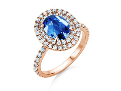 Farbsteinring Double Halo in 9K Roségold mit Saphir 0,60ct und Diamanten 0,35ct