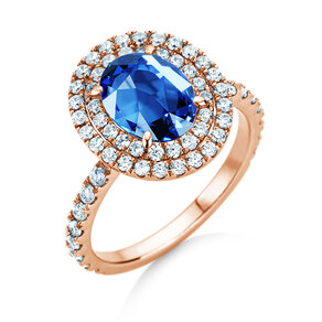 Farbsteinring Double Halo in 9K Roségold mit Saphir 0,60ct und Diamanten 0,35ct