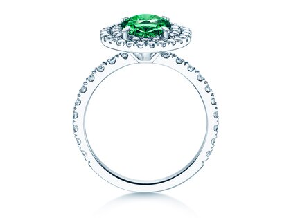 Farbsteinring Double Halo in 9K Weißgold mit Smaragd 0,60ct und Diamanten 0,35ct