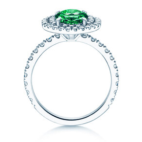Farbsteinring Double Halo in 9K Weißgold mit Smaragd 0,60ct und Diamanten 0,35ct