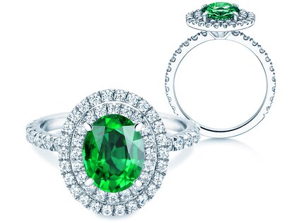 Farbsteinring Double Halo in 9K Weißgold mit Smaragd 0,60ct und Diamanten 0,35ct