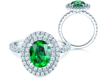 Farbsteinring Double Halo in 9K Weißgold mit Smaragd 0,60ct und Diamanten 0,35ct