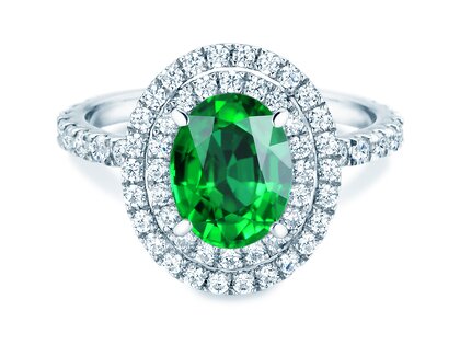 Farbsteinring Double Halo in 9K Weißgold mit Smaragd 0,60ct und Diamanten 0,35ct