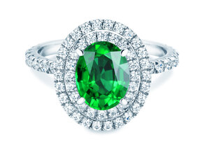 Farbsteinring Double Halo in 9K Weißgold mit Smaragd 0,60ct und Diamanten 0,35ct