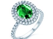 Farbsteinring Double Halo in 9K Weißgold mit Smaragd 0,60ct und Diamanten 0,35ct