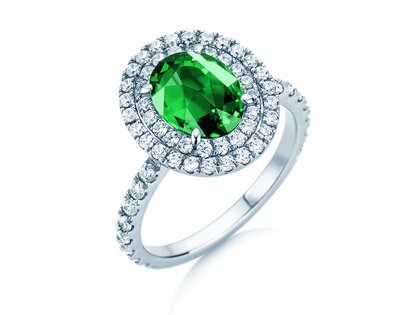 Farbsteinring Double Halo in 9K Weißgold mit Smaragd 0,60ct und Diamanten 0,35ct
