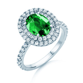 Farbsteinring Double Halo in 9K Weißgold mit Smaragd 0,60ct und Diamanten 0,35ct