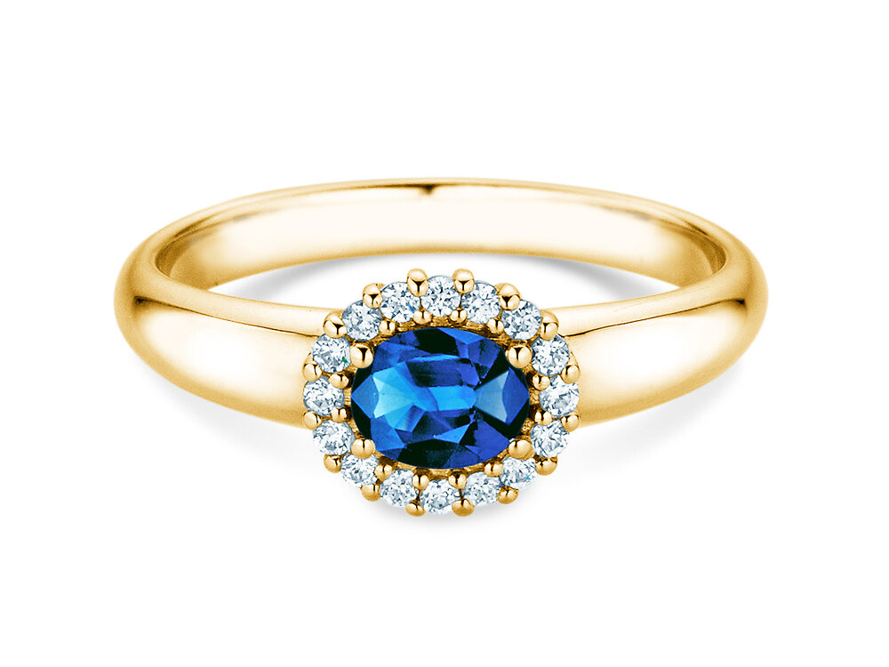 Farbsteinring Windsor Cross in 14K Gelbgold mit Saphir 0,60ct und Diamanten 0,12ct