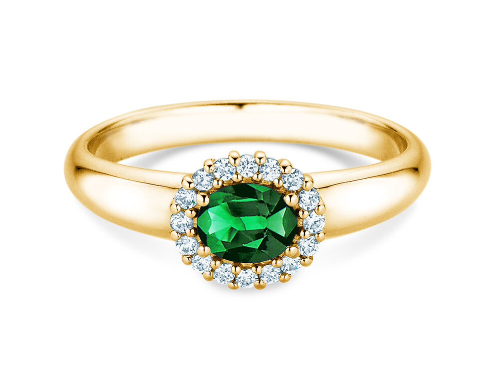 Farbsteinring Windsor Cross in 18K Gelbgold mit Smaragd 0,60ct und Diamanten 0,12ct