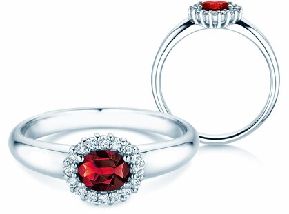 Farbsteinring Windsor Cross in 14K Weißgold mit Rubin 0,60ct und Diamanten 0,12ct