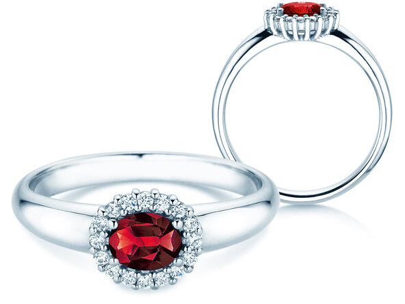 Farbsteinring Windsor Cross in 9K Weißgold mit Rubin 0,60ct und Diamanten 0,12ct