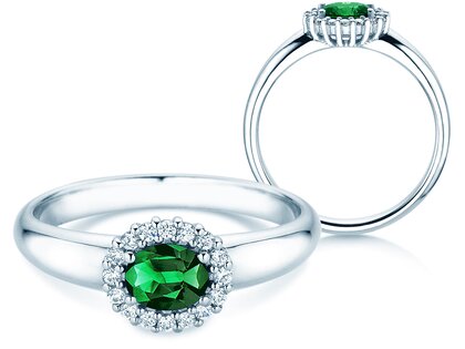 Farbsteinring Windsor Cross in 9K Weißgold mit Smaragd 0,60ct und Diamanten 0,12ct