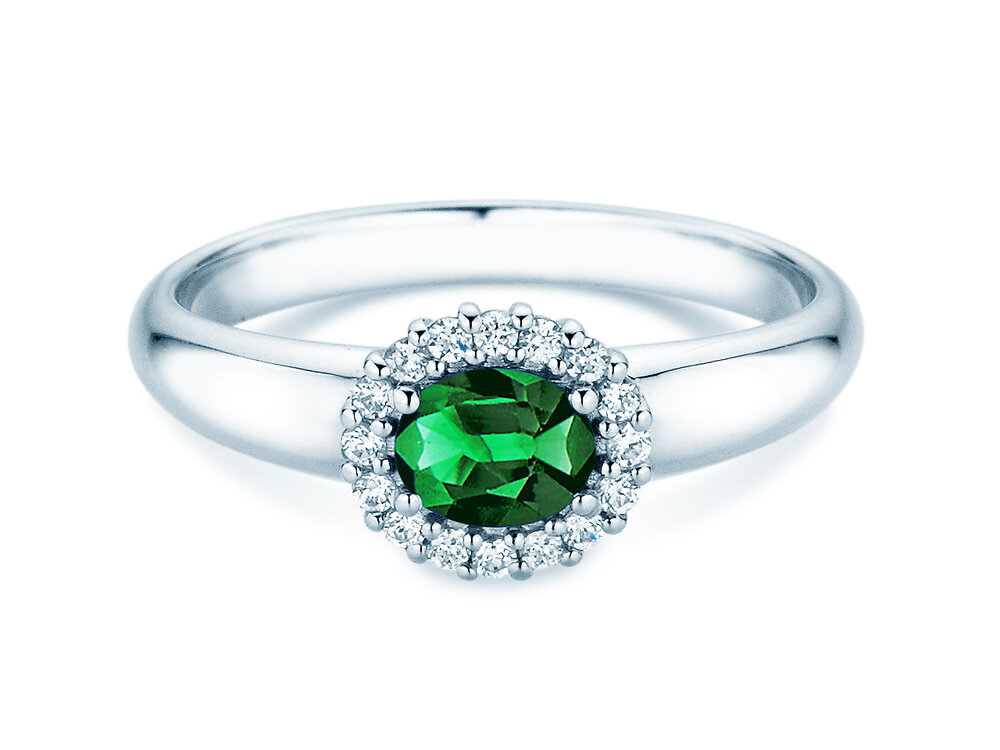 Farbsteinring Windsor Cross in 9K Weißgold mit Smaragd 0,60ct und Diamanten 0,12ct