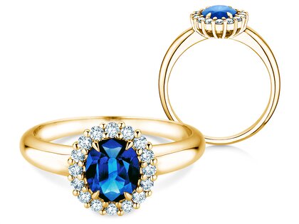Farbsteinring Windsor Royal in 9K Gelbgold mit Saphir 1,20ct und Diamanten 0,28ct