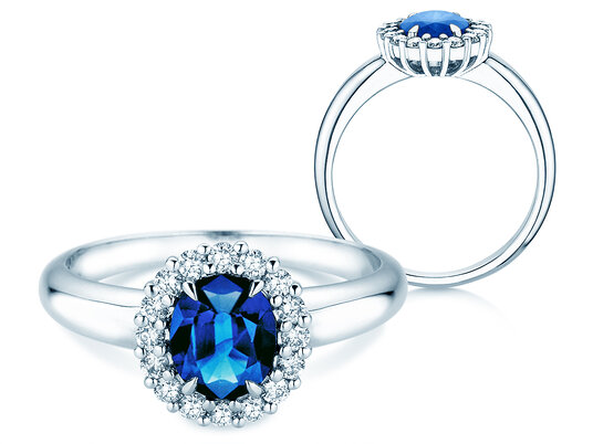 Farbsteinring Windsor Royal in 14K Weißgold mit Saphir 1,20ct und Diamanten 0,28ct