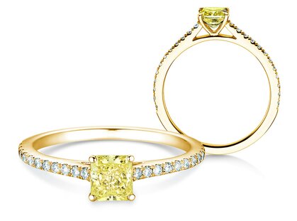 Diamantring Fancy Yellow Cushion Pavé in 14K Gelbgold mit Diamanten 0,77ct G/SI